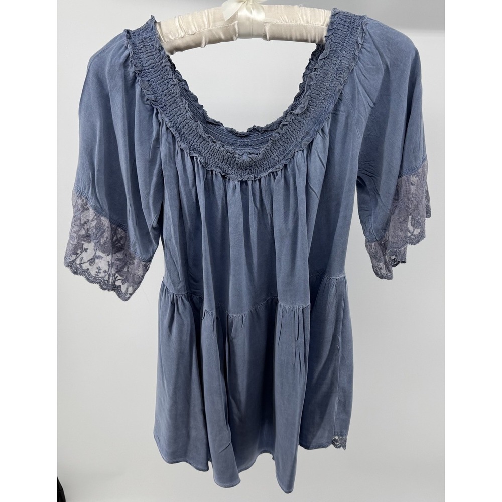 Umgee USA Blue Boho Peasant Blouse Top Lace Trim Short Sleeve Women's L Coquette - Picture 4 of 7